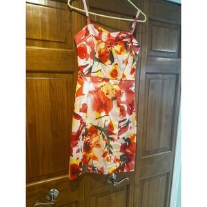 Kristin Davis Orange Red Floral Sweetheart Sheath Dress Size 4